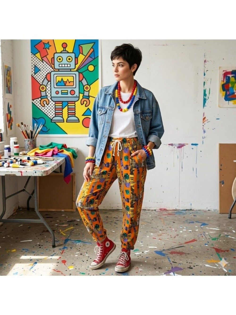 Vintage 80s Benetton Rayon Pants 40 City Print Pop Art New Wave Memphis Taper